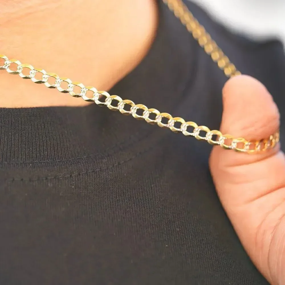14K Solid Gold 4mm Cuban White Pave Chain Necklace | Elegant Gold Jewelry